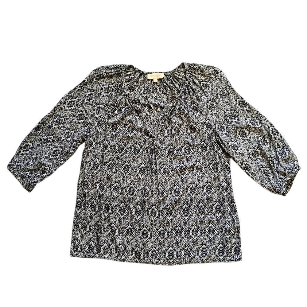 Lucy & Laurel Black & White Peasant Top L 3/4 Sleeve Bohemian